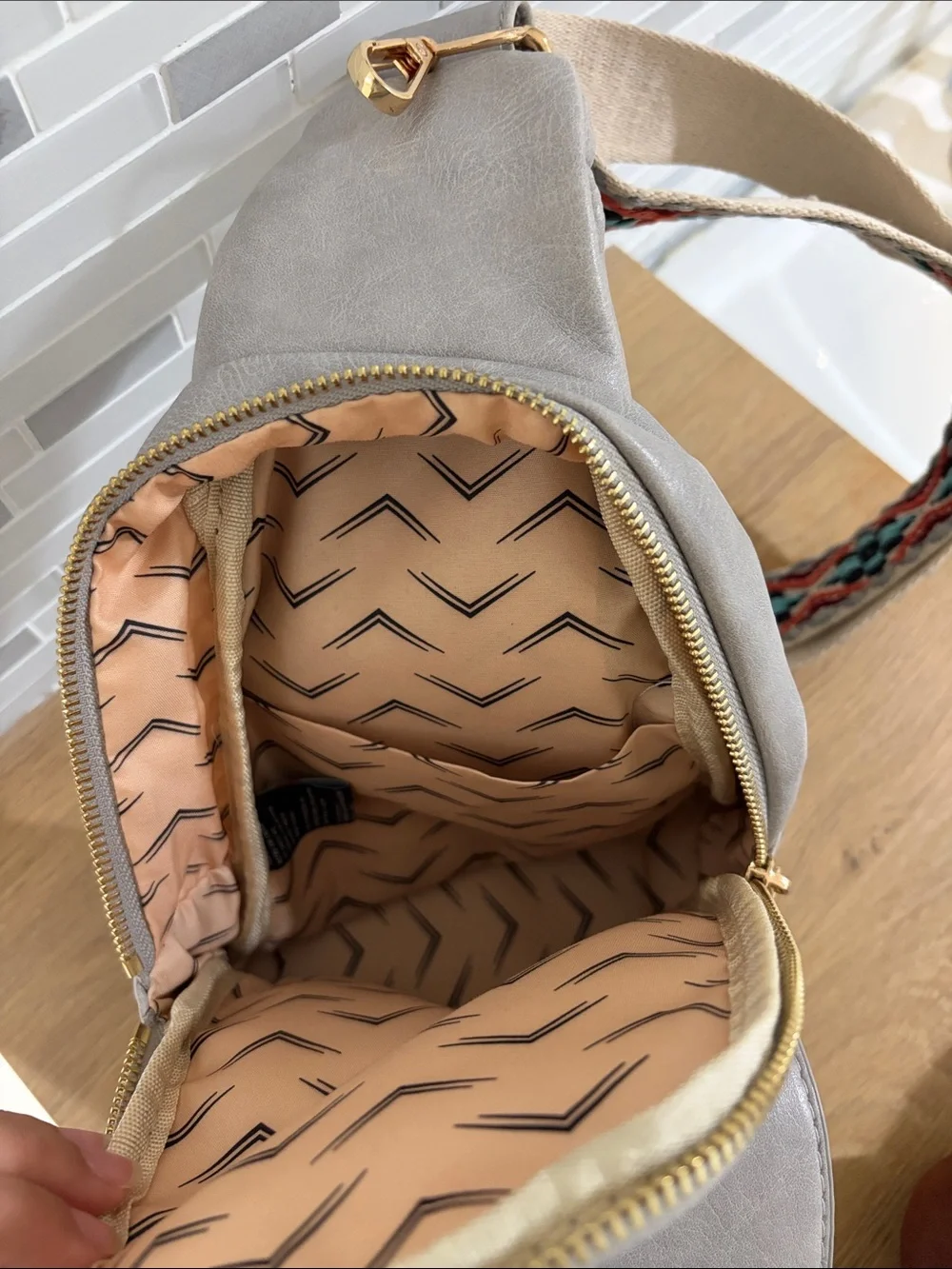 Altar'd State Taupe Crossbody with Multicolor Woven Strap